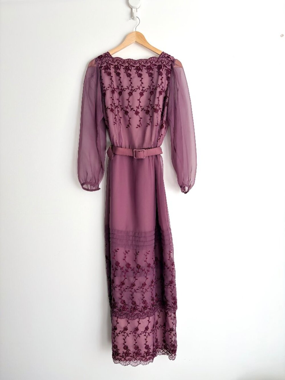 Vintage 1970s Dark Boho Plum Embroidered Chiffon Tiered Maxi Dress S